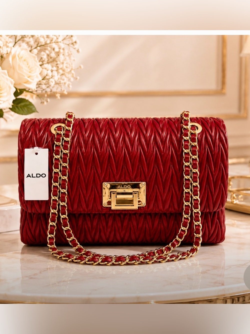 Aldo Red Quilted Crossbody with Gold Chain Strap-NWT